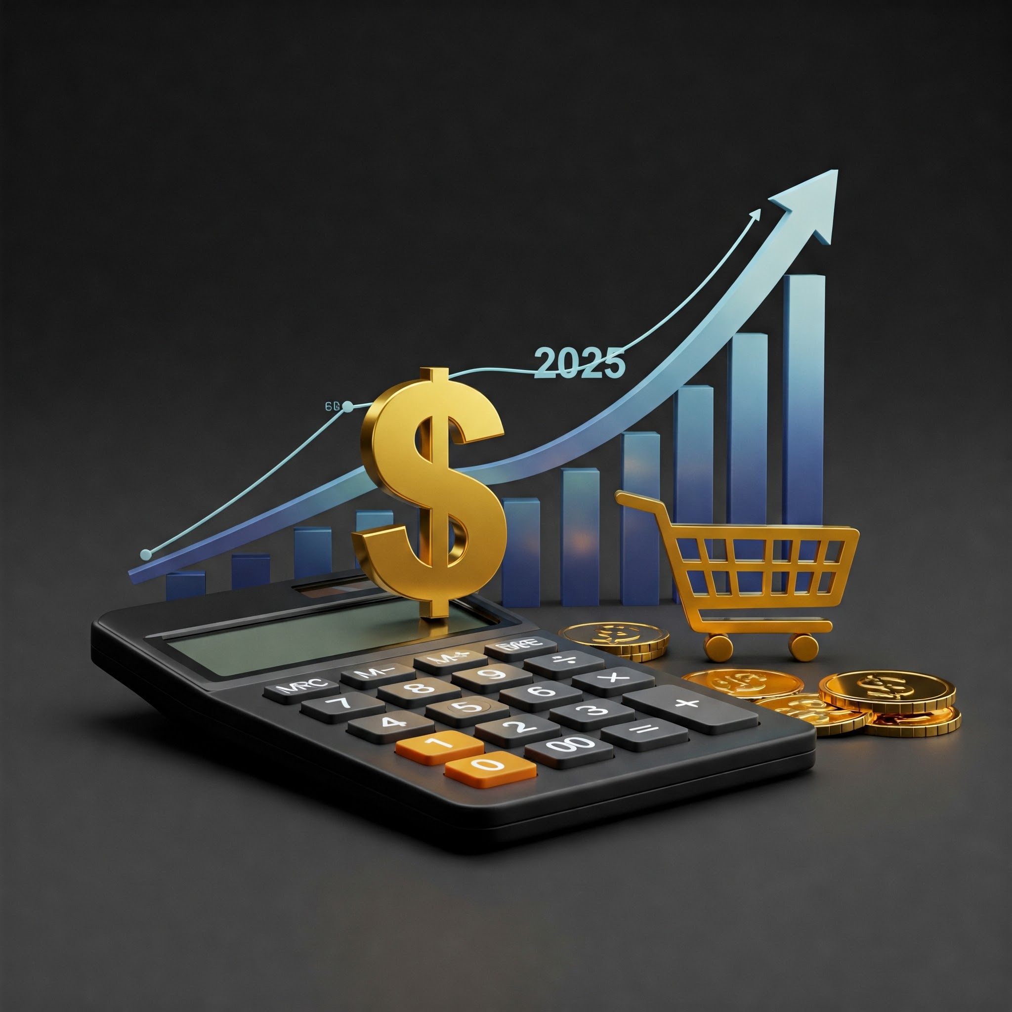 Amazon shopping cart logo with calculator and dollar sign, representing Amazon agency pricing, e-commerce costs, and business growth.