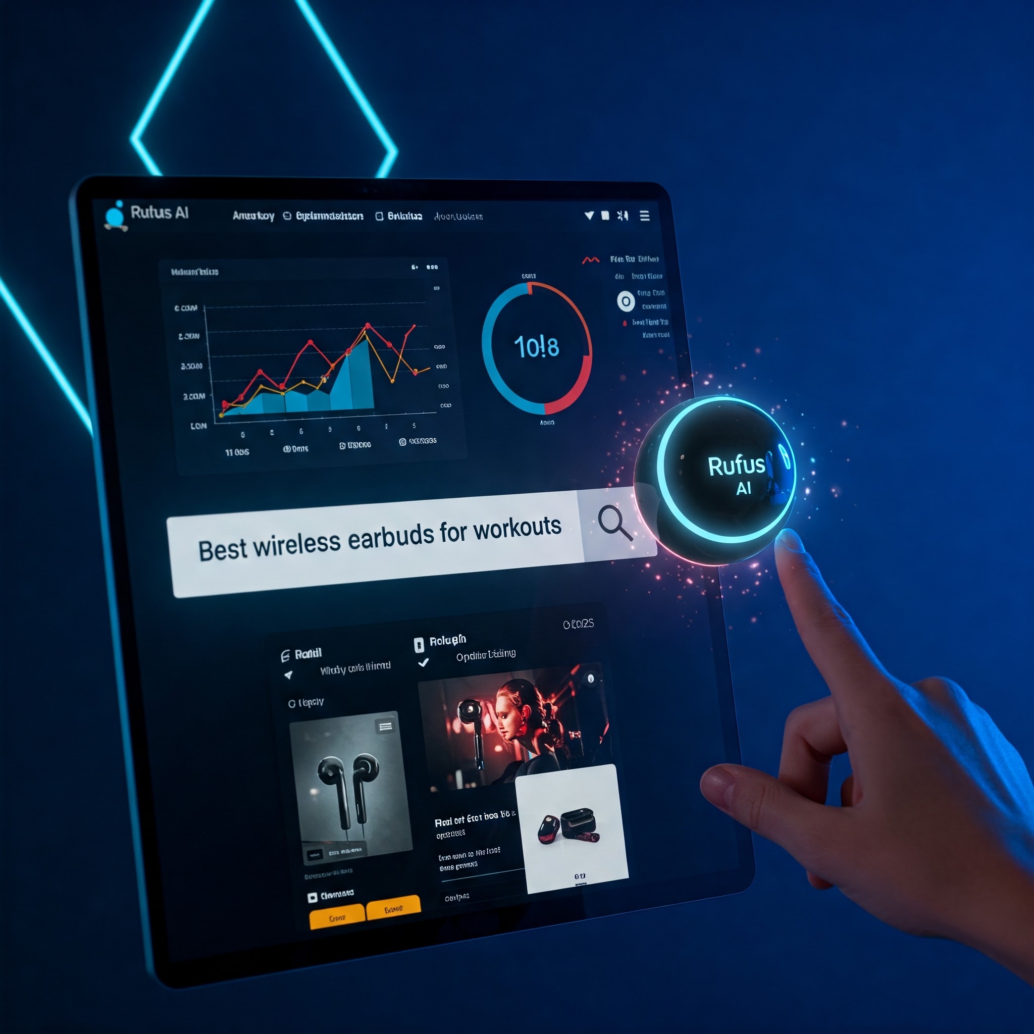 A futuristic Amazon search bar with a glowing AI-powered assistant, Rufus AI, analyzing product listings in real-time, showcasing the power of Amazon Rufus AI Optimization for better rankings and visibility.