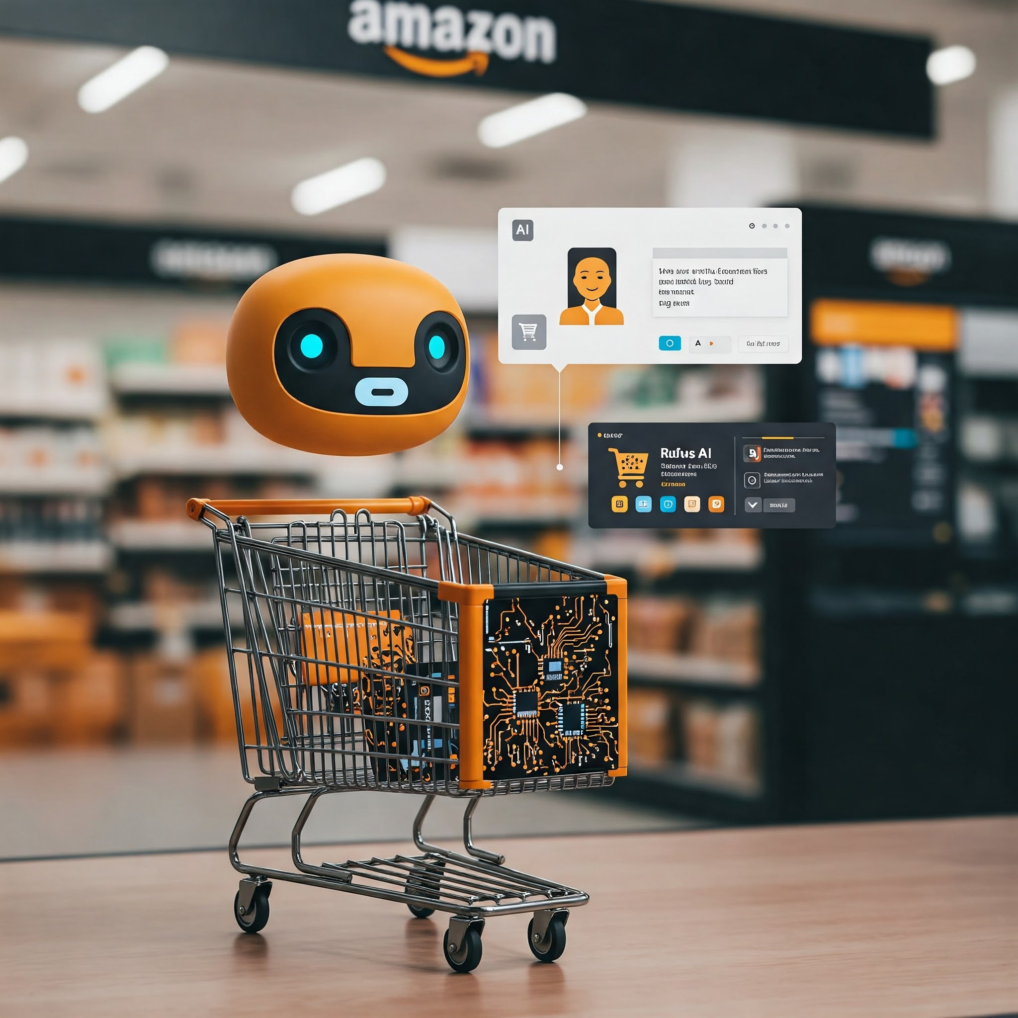 A futuristic illustration depicting Amazon Rufus AI, an AI assistant guiding a shopper through an online shopping experience on Amazon. The design incorporates AI circuit patterns and Amazon's signature orange, black, and white color scheme.