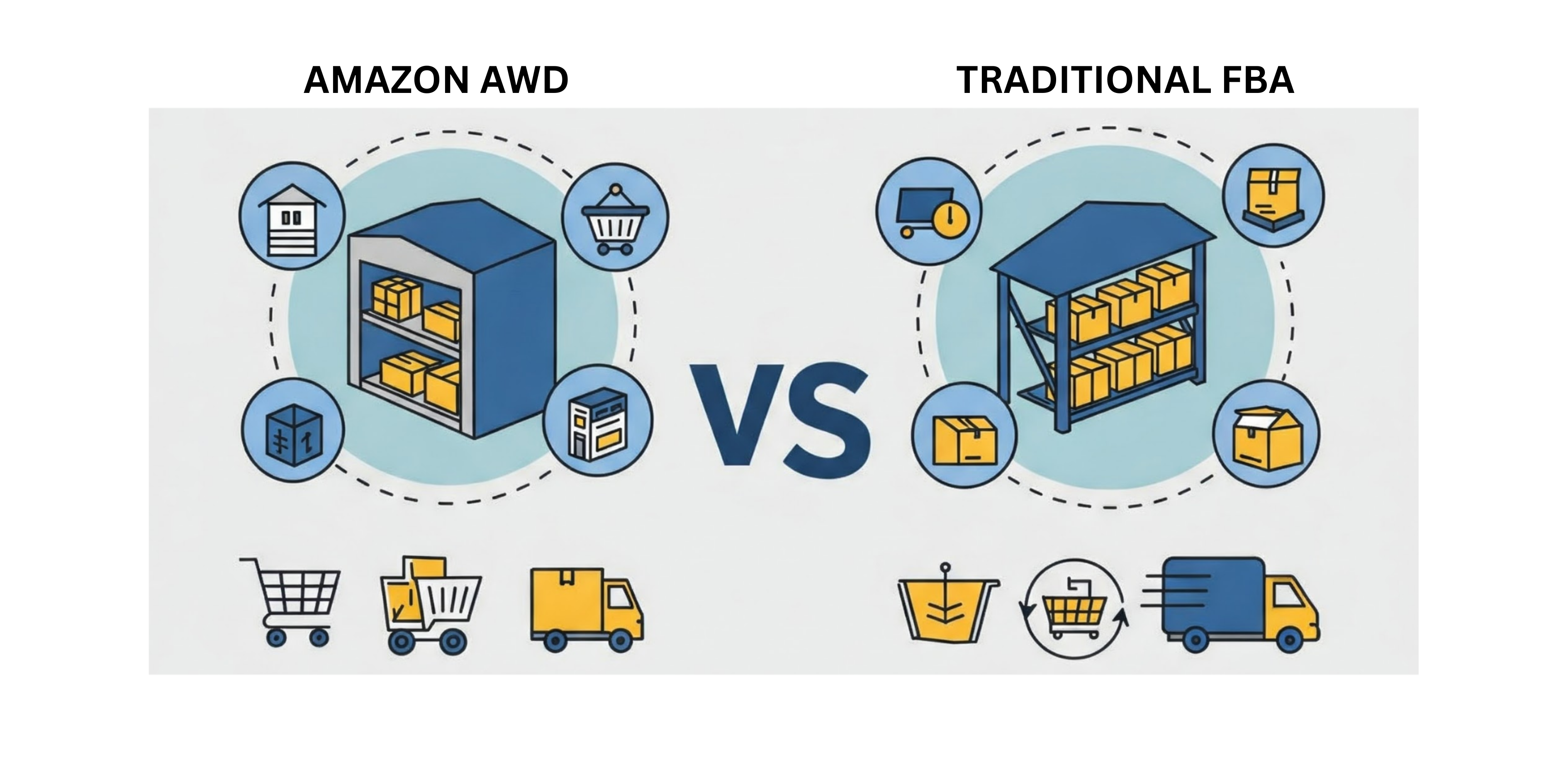 omparison infographic of Amazon AWD vs. Traditional FBA, showing key differences in inventory management, storage, and fulfillment using icons.