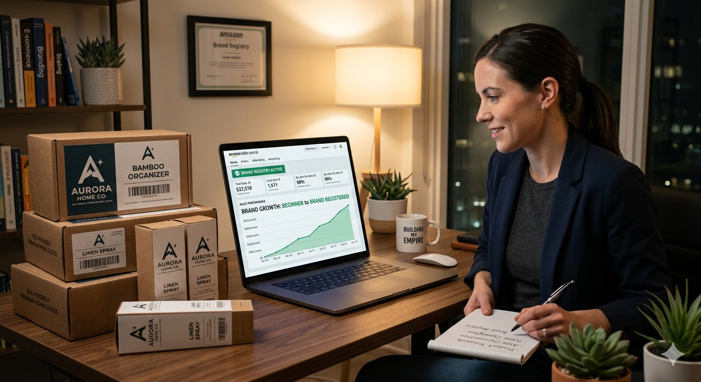 Amazon Seller Guide 2026 beginner to brand registered journey with seller dashboard and branded products