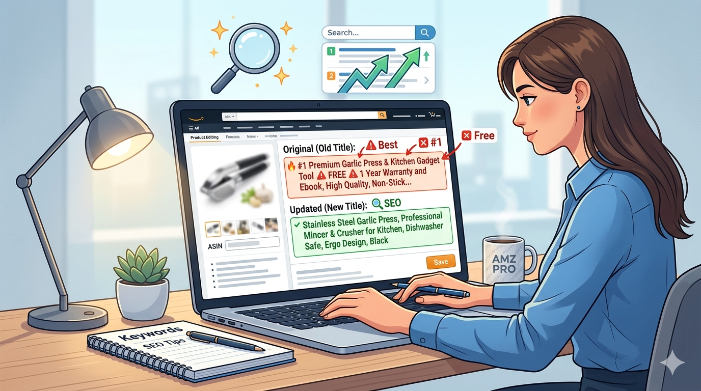 Amazon Title Rules 2026 showing banned words and compliant product title example