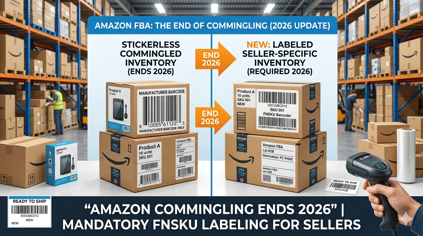 Amazon commingling ends 2026 feature image showing FNSKU labels, barcode changes, and FBA inventory workflow